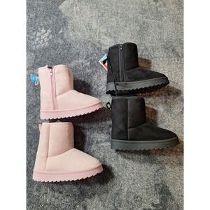2 Pair Faux Suede Boots Girls 7/8 Pink Black Side‎ Zip Lined Cozy Comfort Style